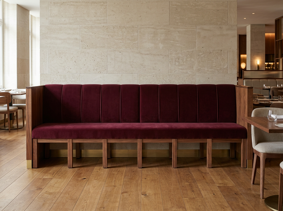 Banquette de musée en velours bordeaux et bois noyer, photographiée en studio