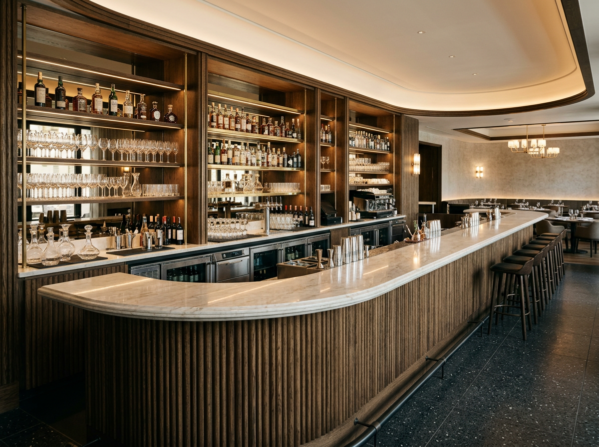 Comptoir de bar en chêne et pierre claire, présenté seul en studio