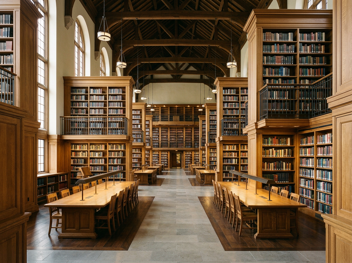 Bibliothèque en chêne avec rayonnages et rangements bas, photographiée en studio