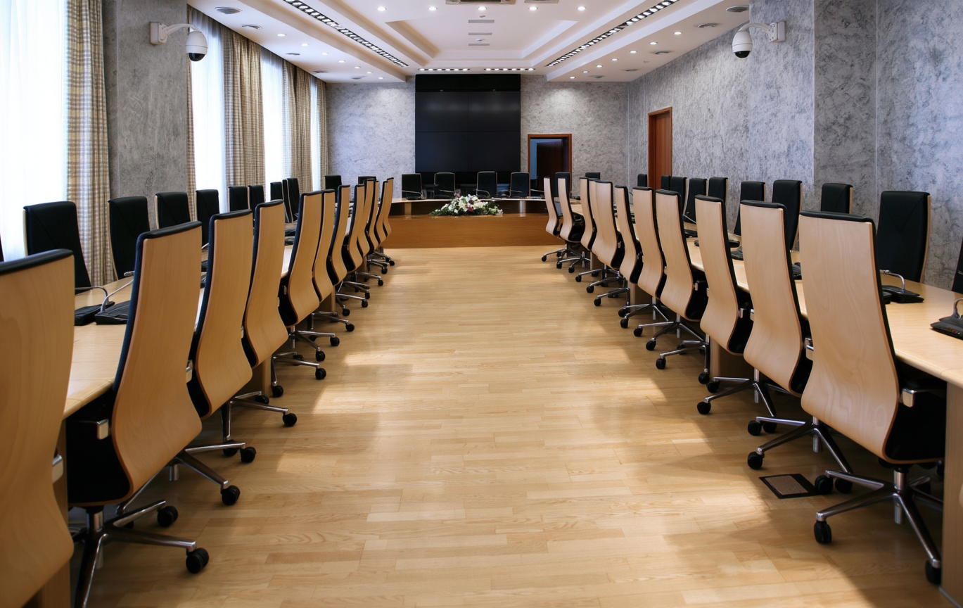Salle de congrès avec tables en U, parquet clair et sièges en bois