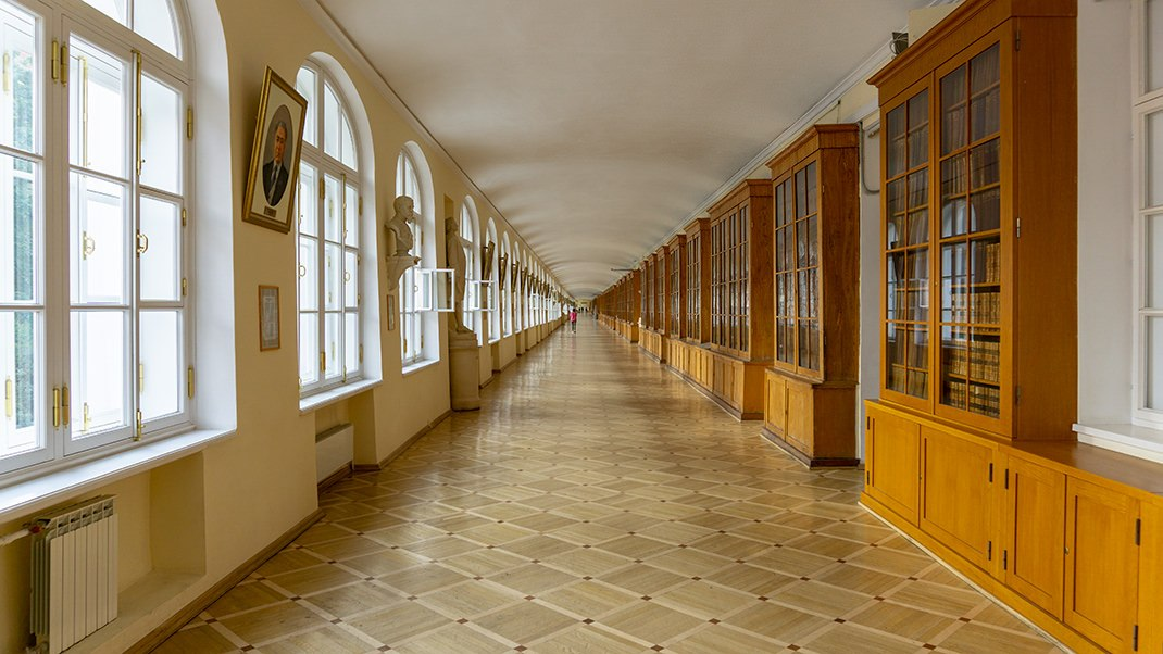 Galerie universitaire historique bordée de rayonnages en bois